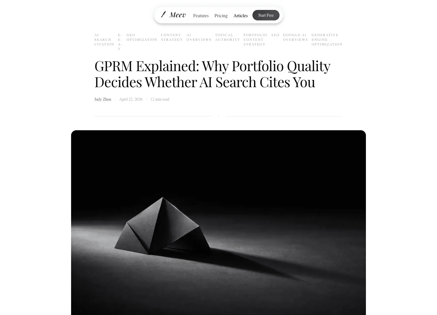 Meev article preview with 16-dimension Portfolio Quality Metric score and GPRM gauge