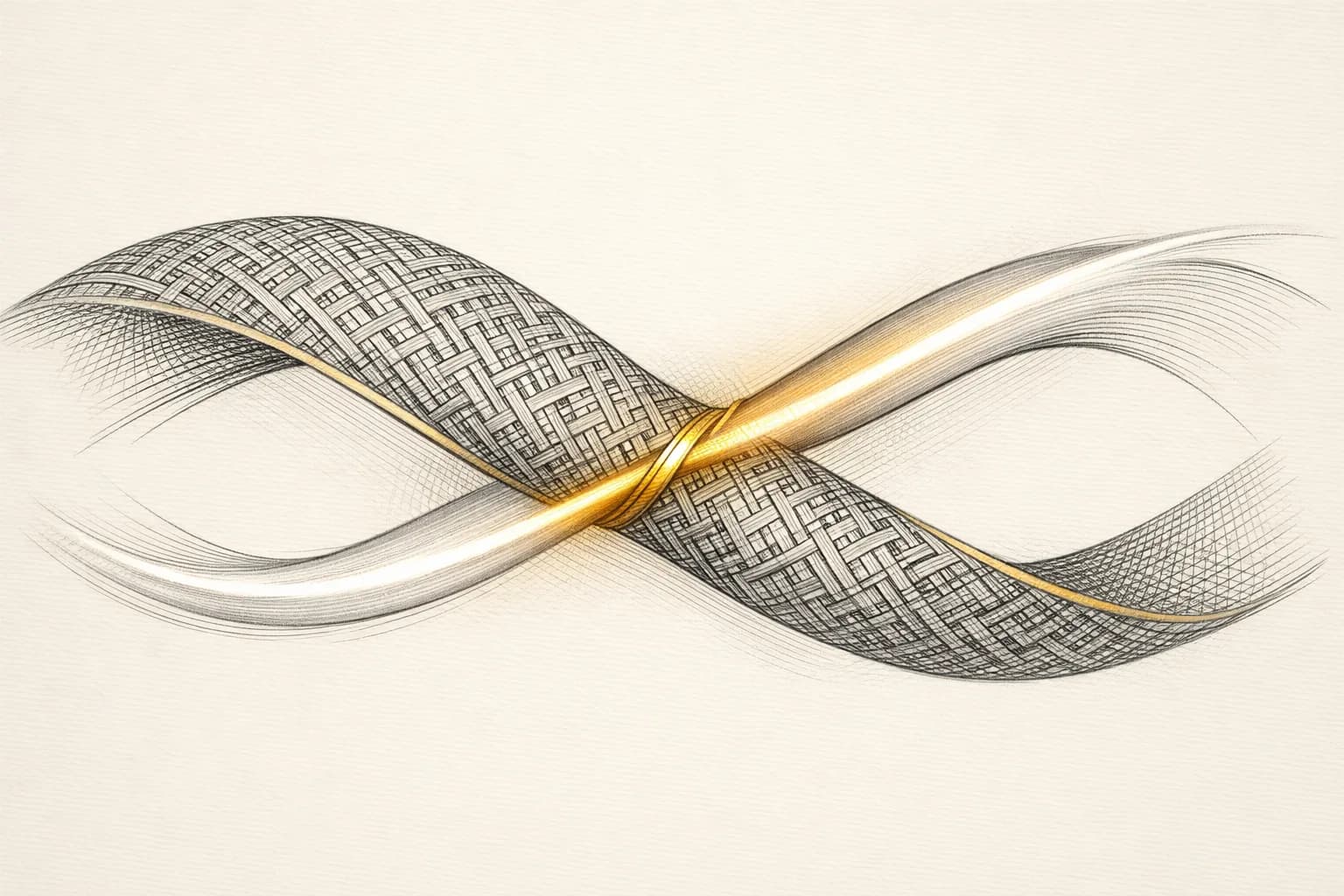 Abstract engraving of two conversation ribbons, one woven from training knowledge and one a live retrieval spark, meeting at a gold seam, representing how ChatGPT blends what it learned with what it retrieves live