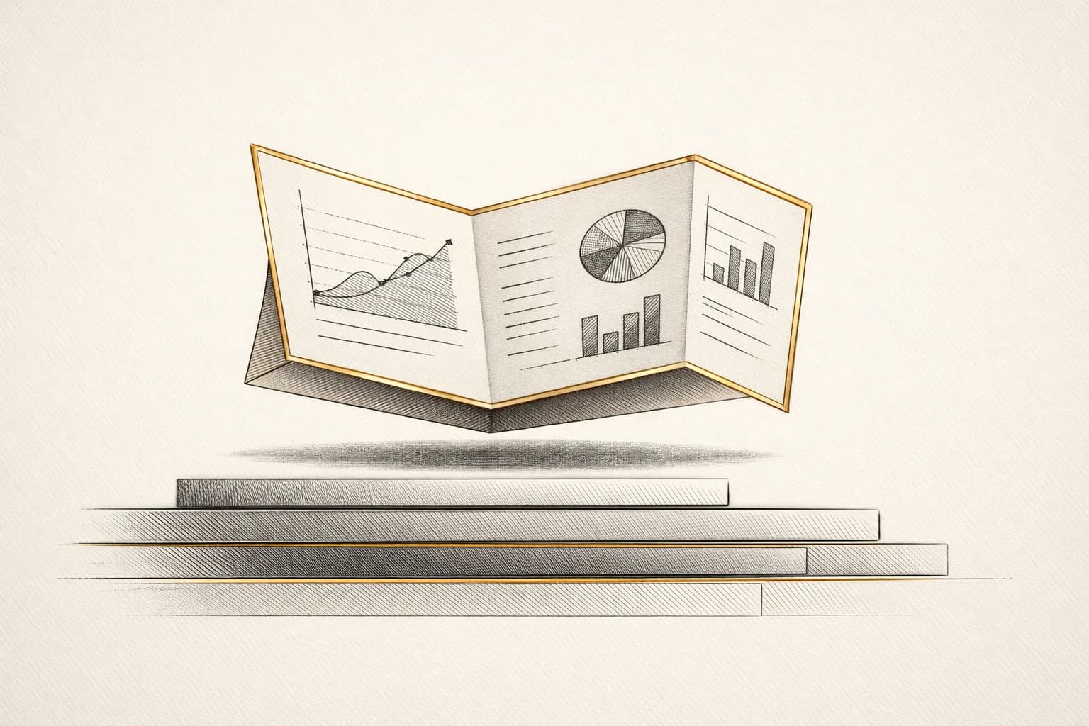 Abstract engraving of a folded summary panel unfurling above a low horizon of stacked result bars with a thin gold rim, representing the AI Overview snapshot that sits above the search results