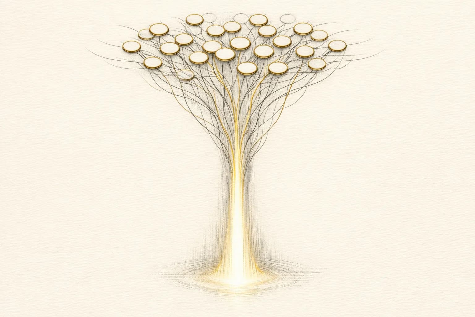 Abstract engraving of many gold-rimmed source tokens whose citation threads converge downward into a single beam of answer-light, representing how Perplexity builds every answer from cited sources