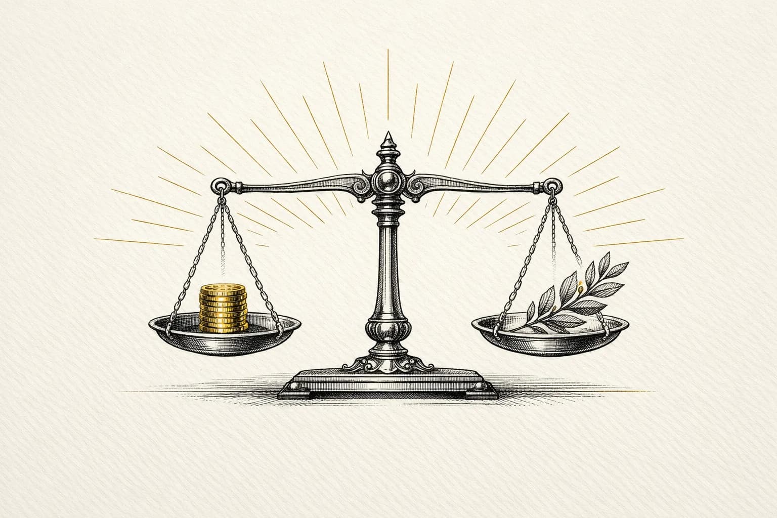 An engraved balance scale in equilibrium, a stack of gold coins on one pan and a laurel sprig on the other, representing fair, proportional pricing
