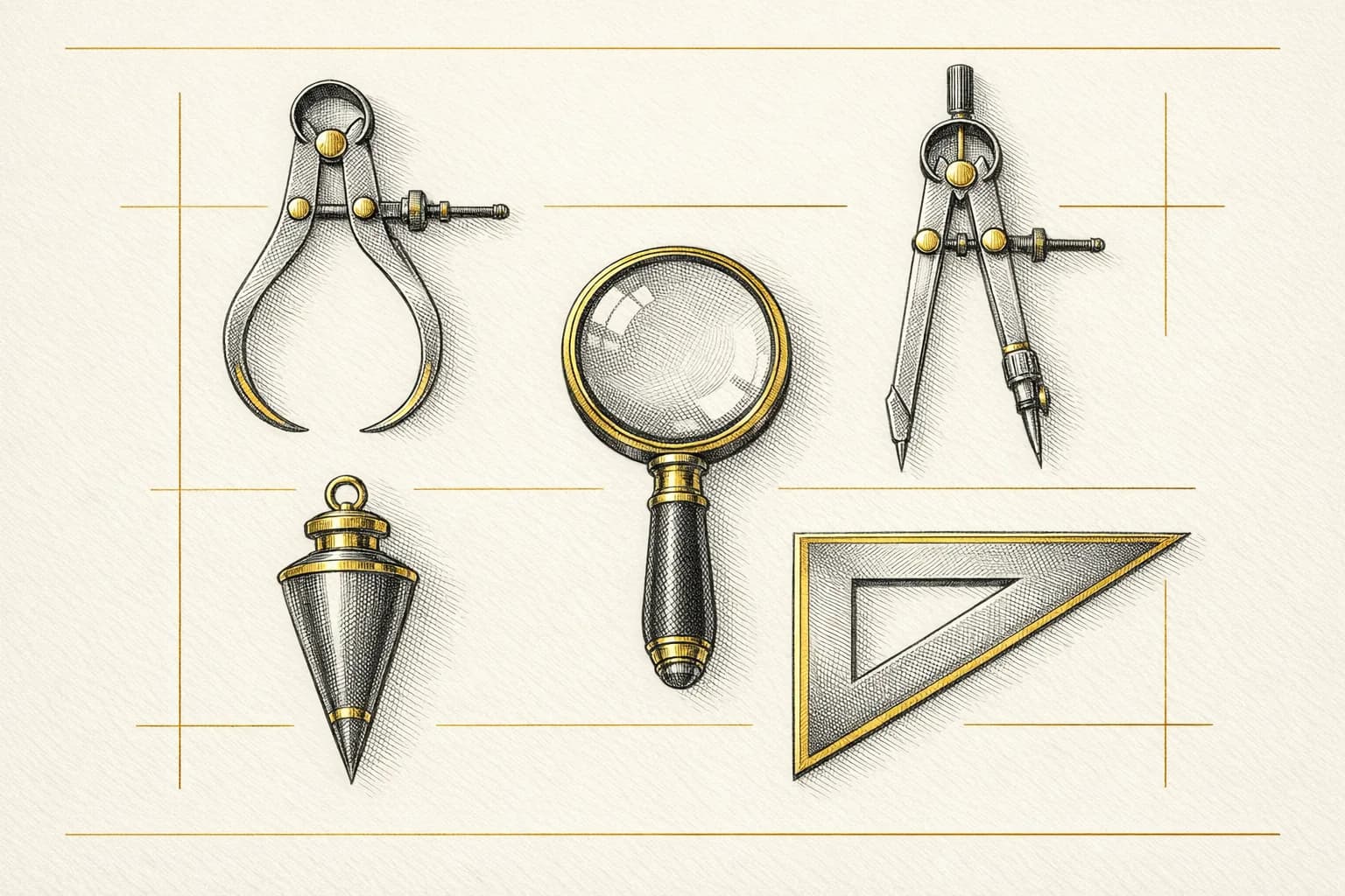 Engraved precision instruments — calipers, magnifier, drafting compass, plumb bob, and set square — representing Meev's free SEO and AI search tools