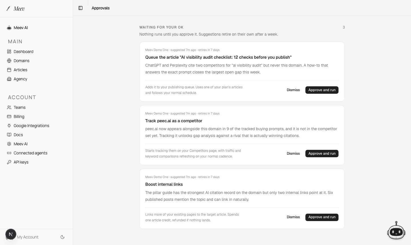 The Meev agent approval queue: proposed actions with evidence, each waiting for one-click owner approval