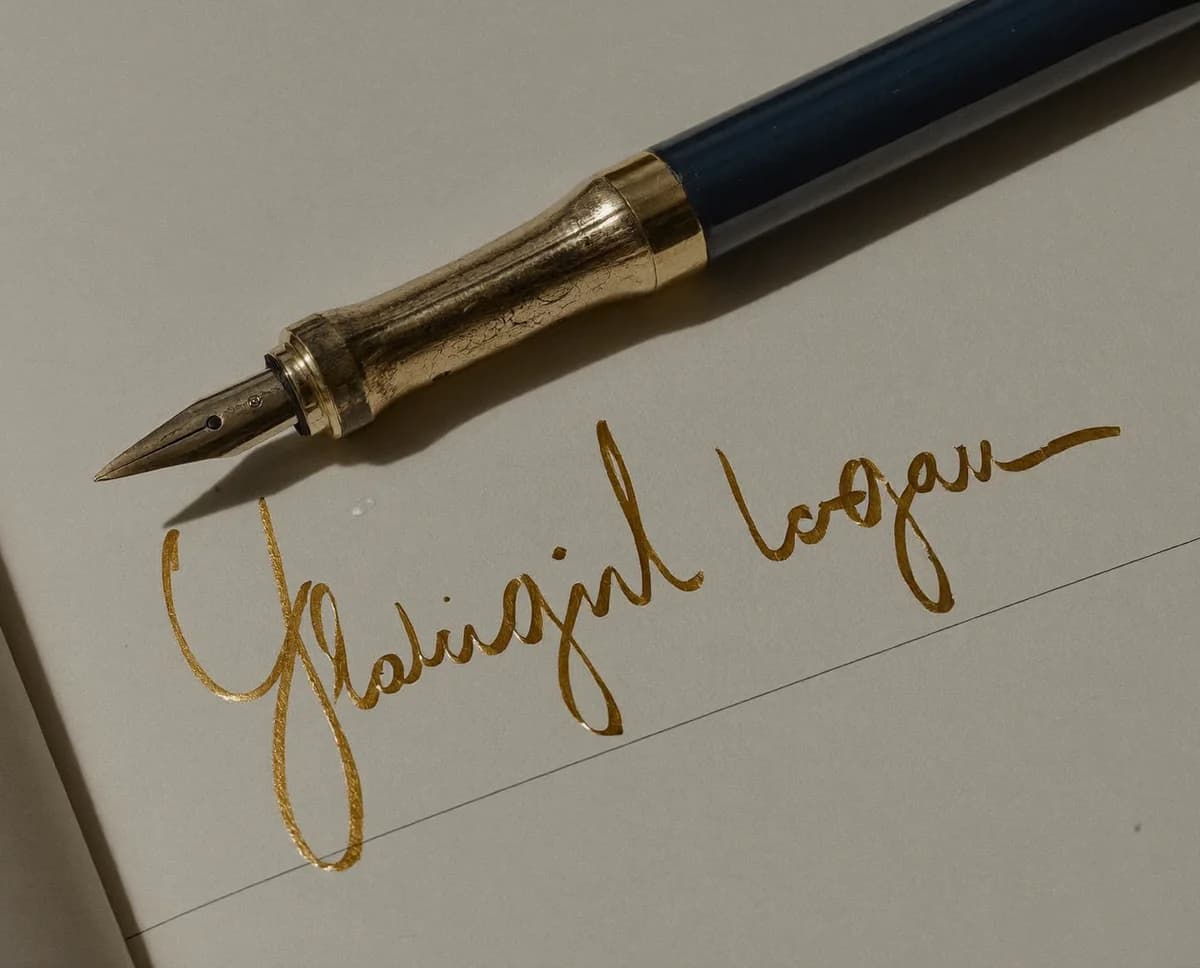 A brass and navy fountain pen resting above a freshly signed line of gold ink on cream ledger paper
