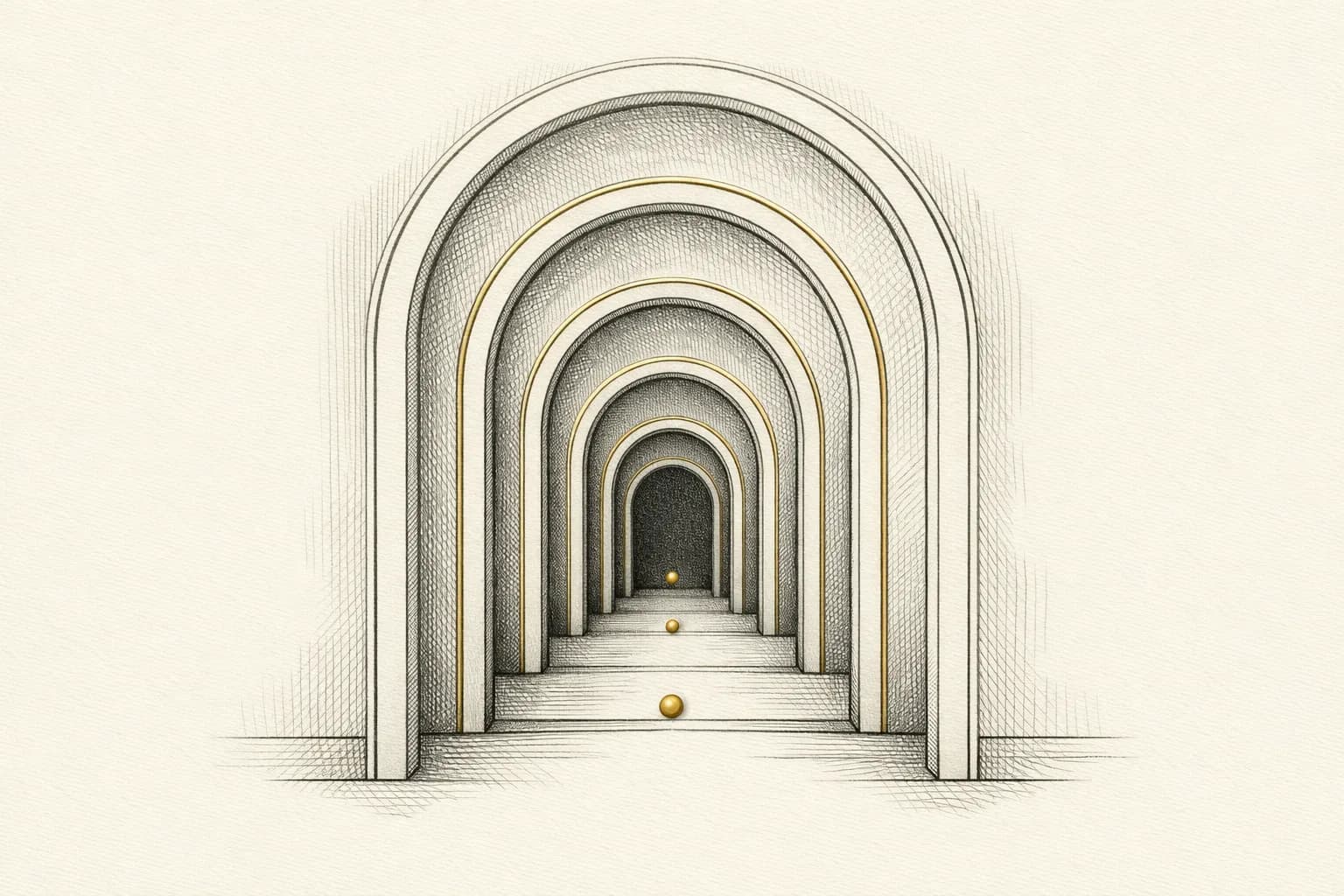 Abstract engraving of nested arches receding into depth, each marked with a small gold citation dot, representing AI Mode's deep, conversational search
