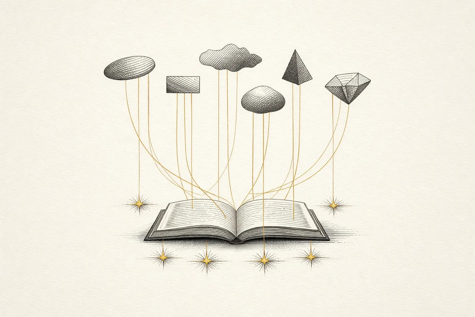 Abstract engraving of an open ledger with delicate gold threads tying each floating claim to a small anchoring source-star, representing how Claude grounds answers in citable sources
