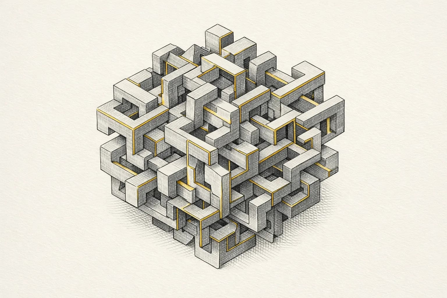 Abstract engraving of interlocking angular modules and open bracket-forms assembling into one precise crystalline structure with thin gold seams, representing DeepSeek's open-weights, code-and-math-heavy character