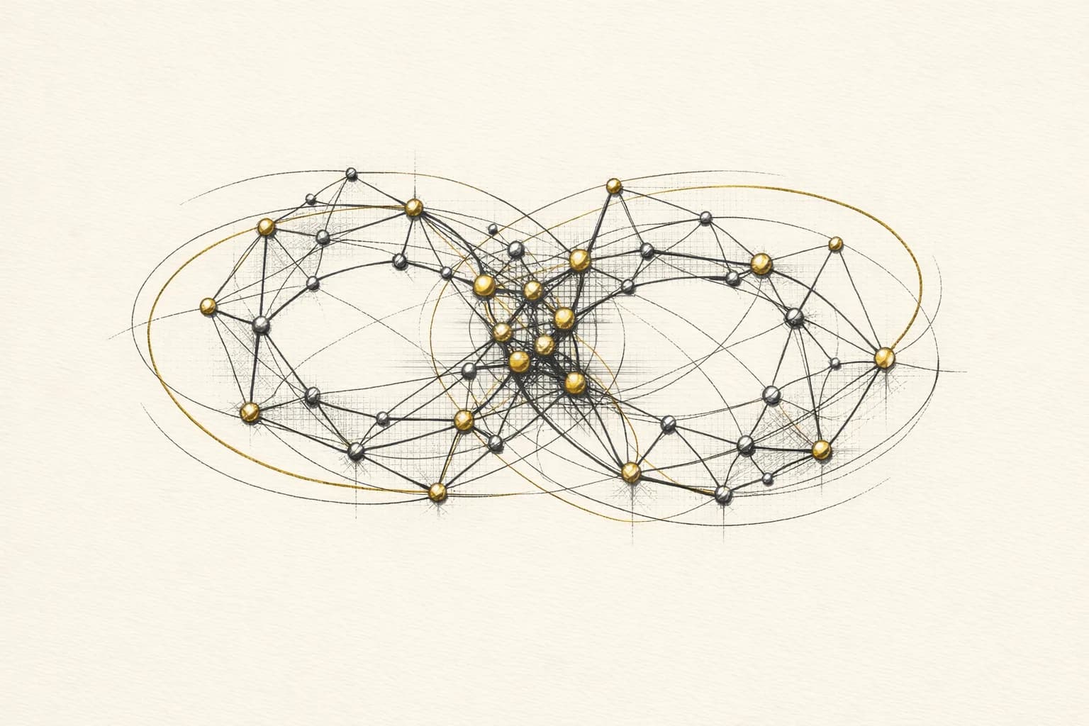 Abstract engraving of two interlocking constellations of linked stars and orbital arcs joined by fine gold meridian lines, representing how Gemini weighs the entity graph around your brand