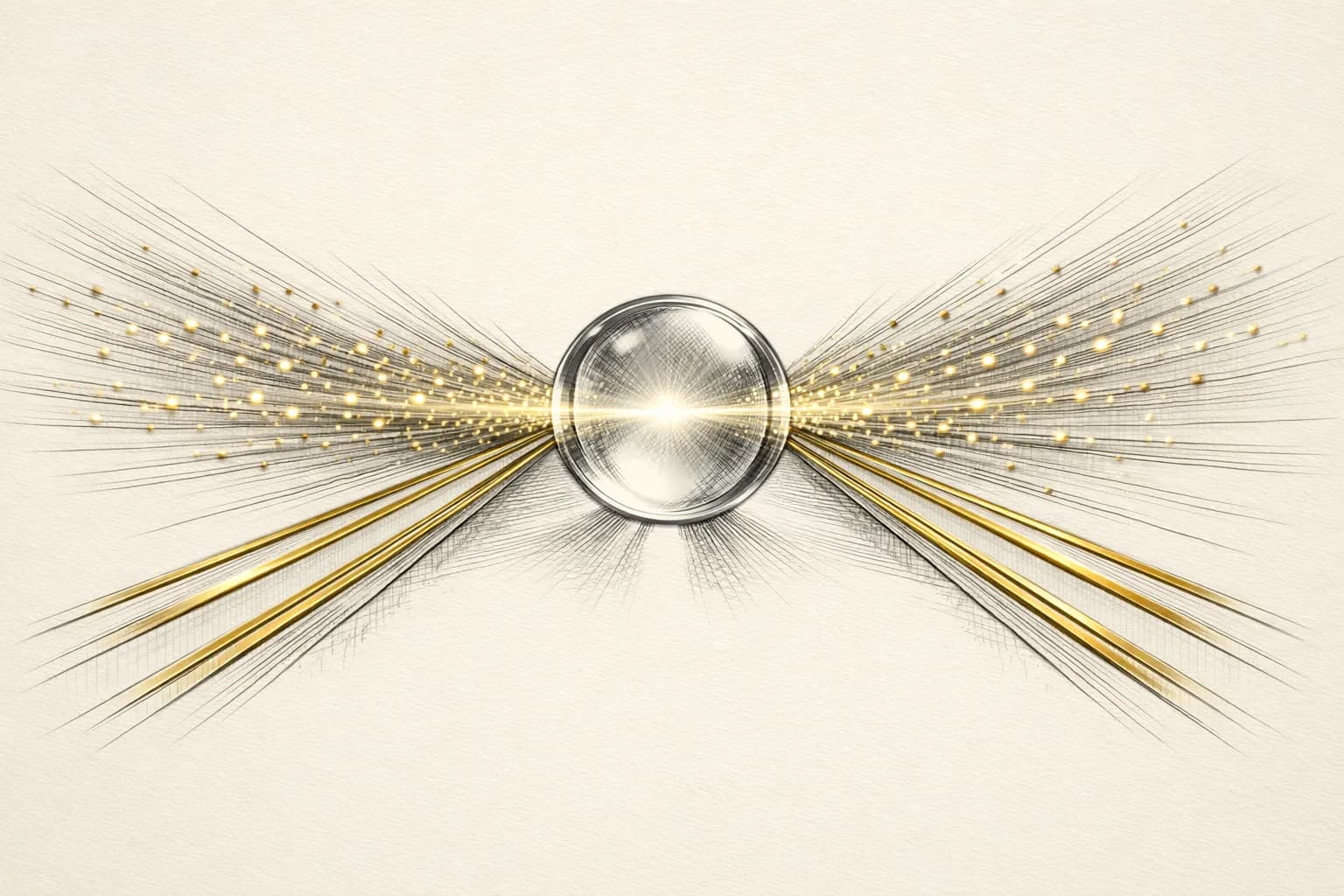 Abstract engraving of fast signal particles streaming along thin gold rails into a single focused lens, representing how Grok leans on realtime signals from the live X firehose