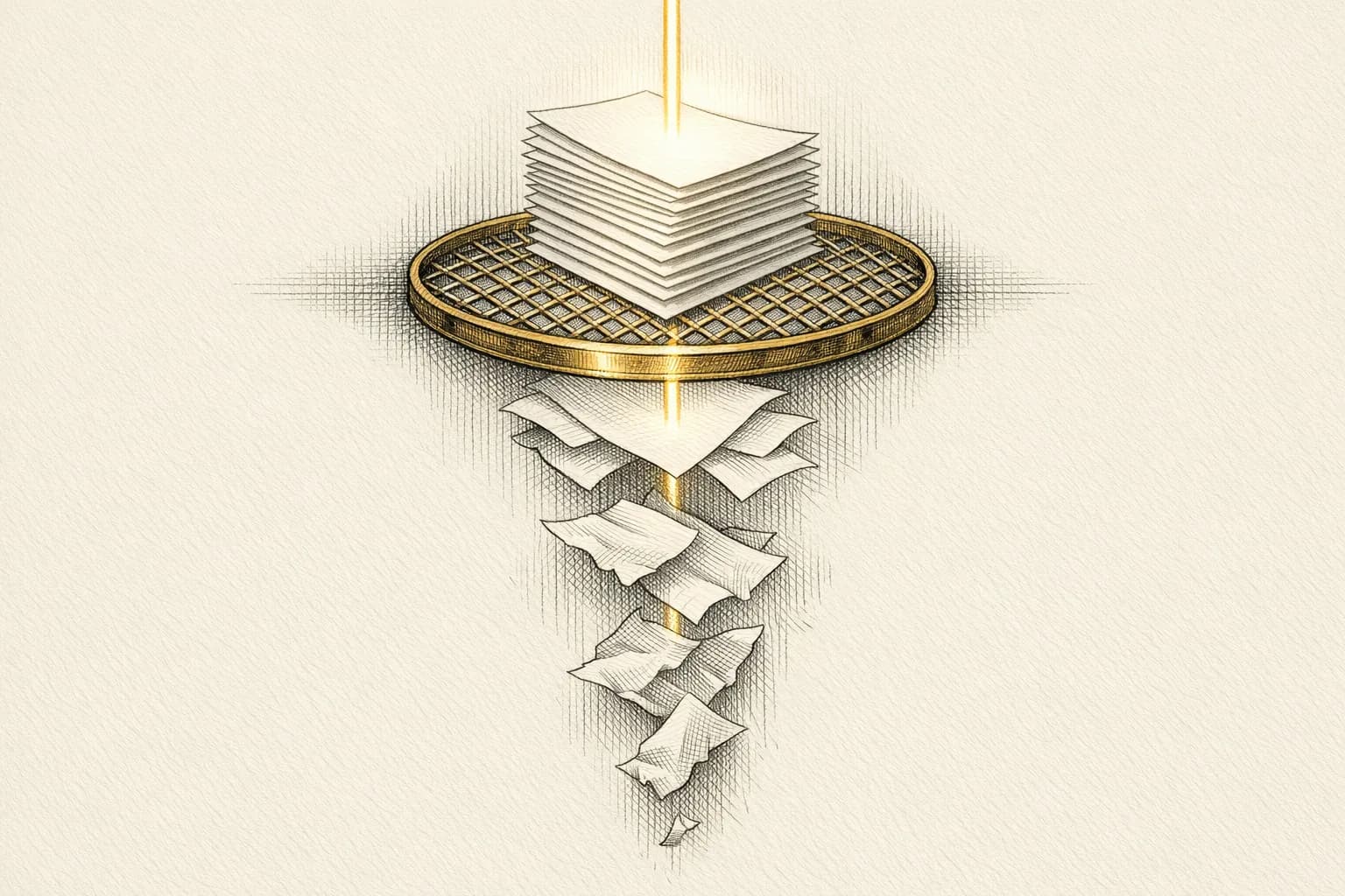 An engraved quality firewall: clean sheets of paper rising through a fine golden sieve while flawed sheets fall away below, representing the pass-or-hold quality gate