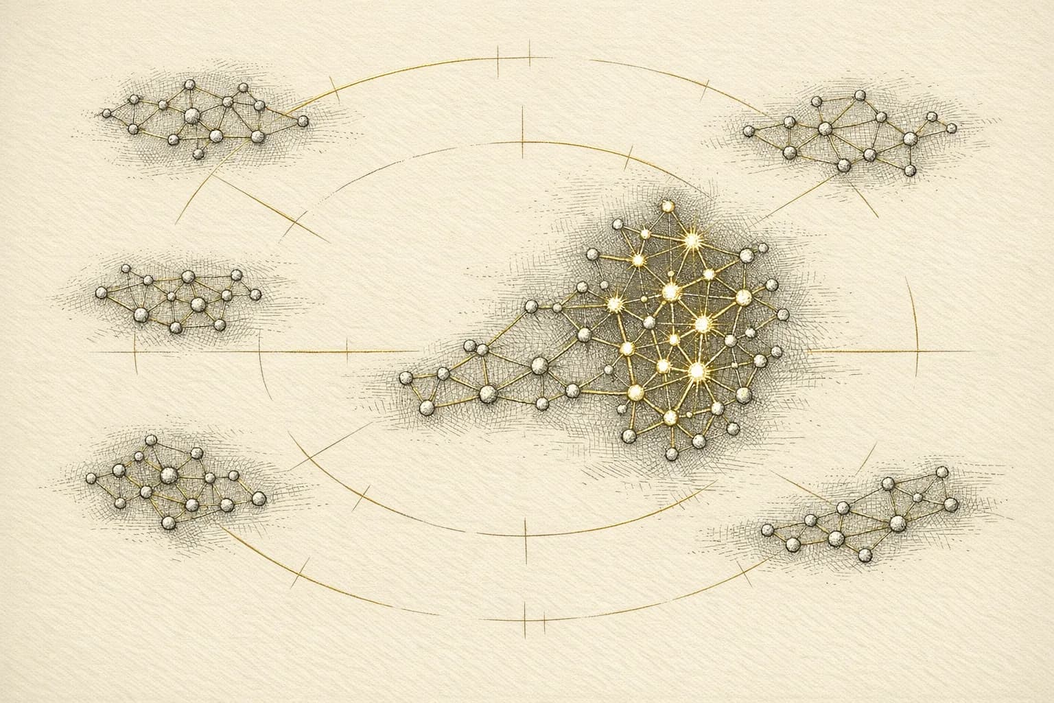 An engraved celestial chart with one bright, dense constellation of connected nodes surrounded by dimmer scattered clusters, representing one fully owned topic amid scattered standalone posts