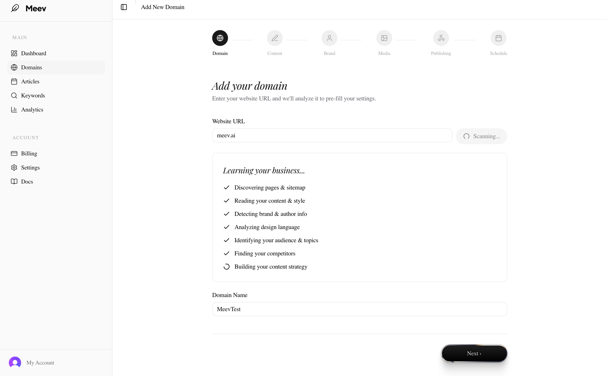 Meev domain scanner analyzing your website — discovering pages, content style, competitors, and building your content strategy